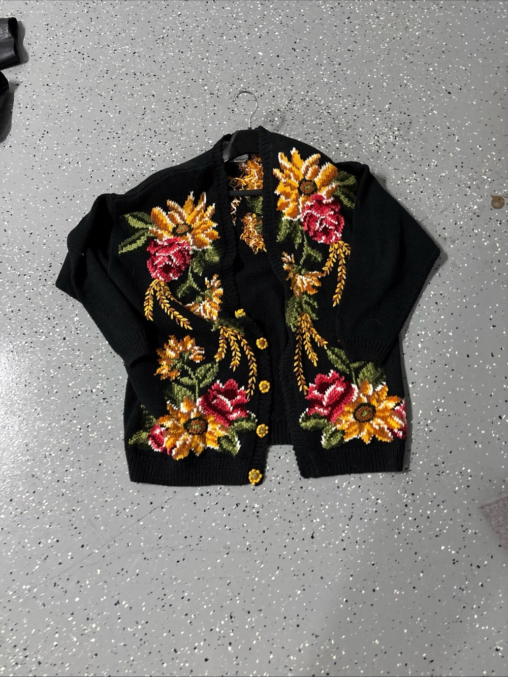 Hand Knit Floral Cardigan Vintage Y2K Roses Sunflower Black Womens